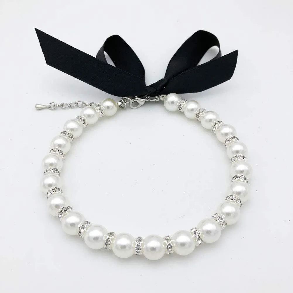 Small dog wearing blue pearl and rhinestone necklace with ribbon bow
