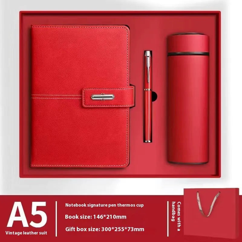 Customisable A5 notebook with PU leather cover in choice of colours, featuring wood-free paper.