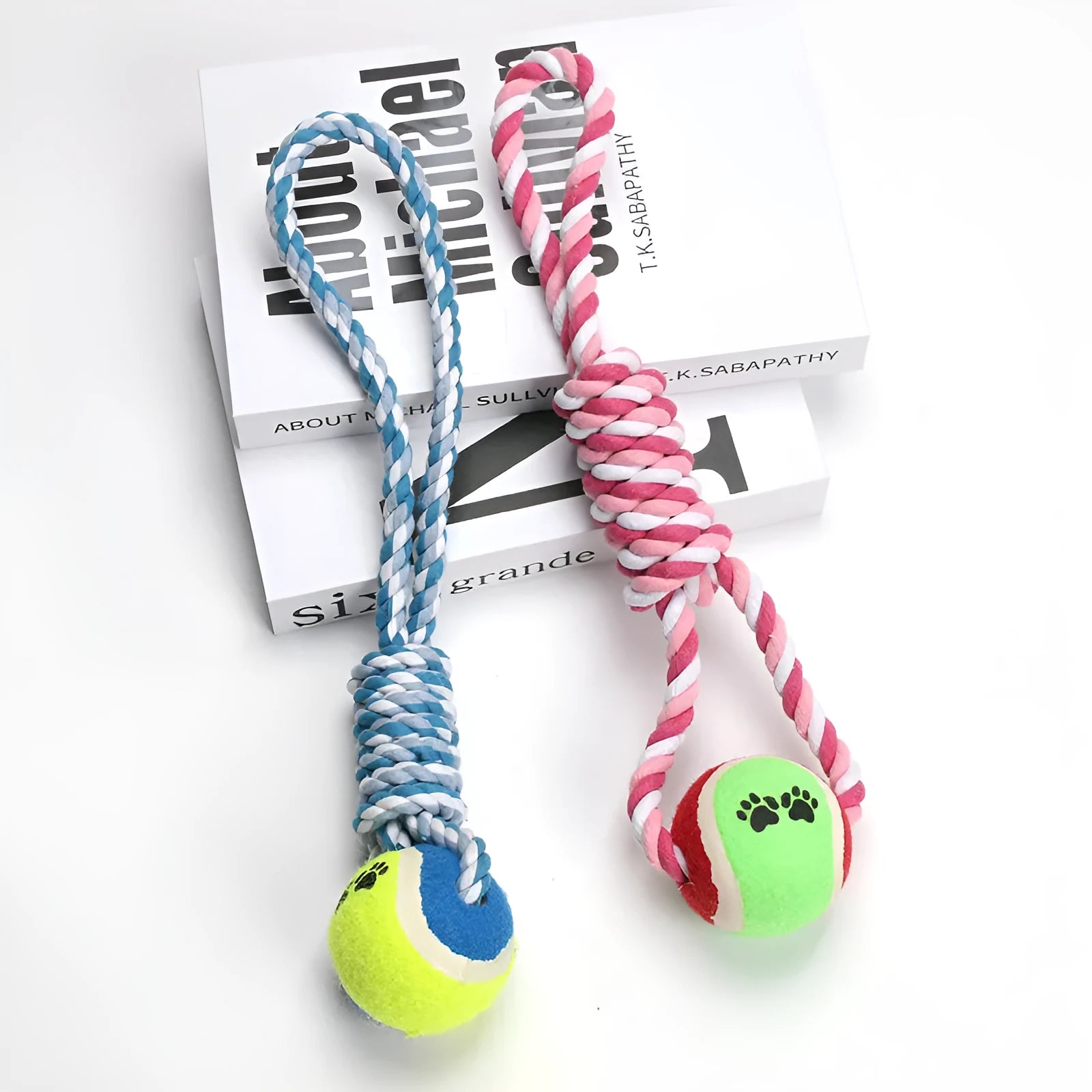 Medium large dog cotton string tug toy with ventilation holes in red and white colour