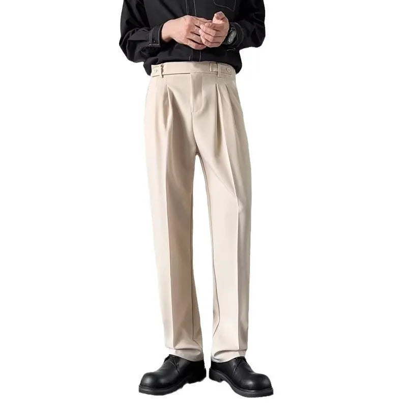 Men's straight-leg suit trousers in apricot and black colours with loose fit design