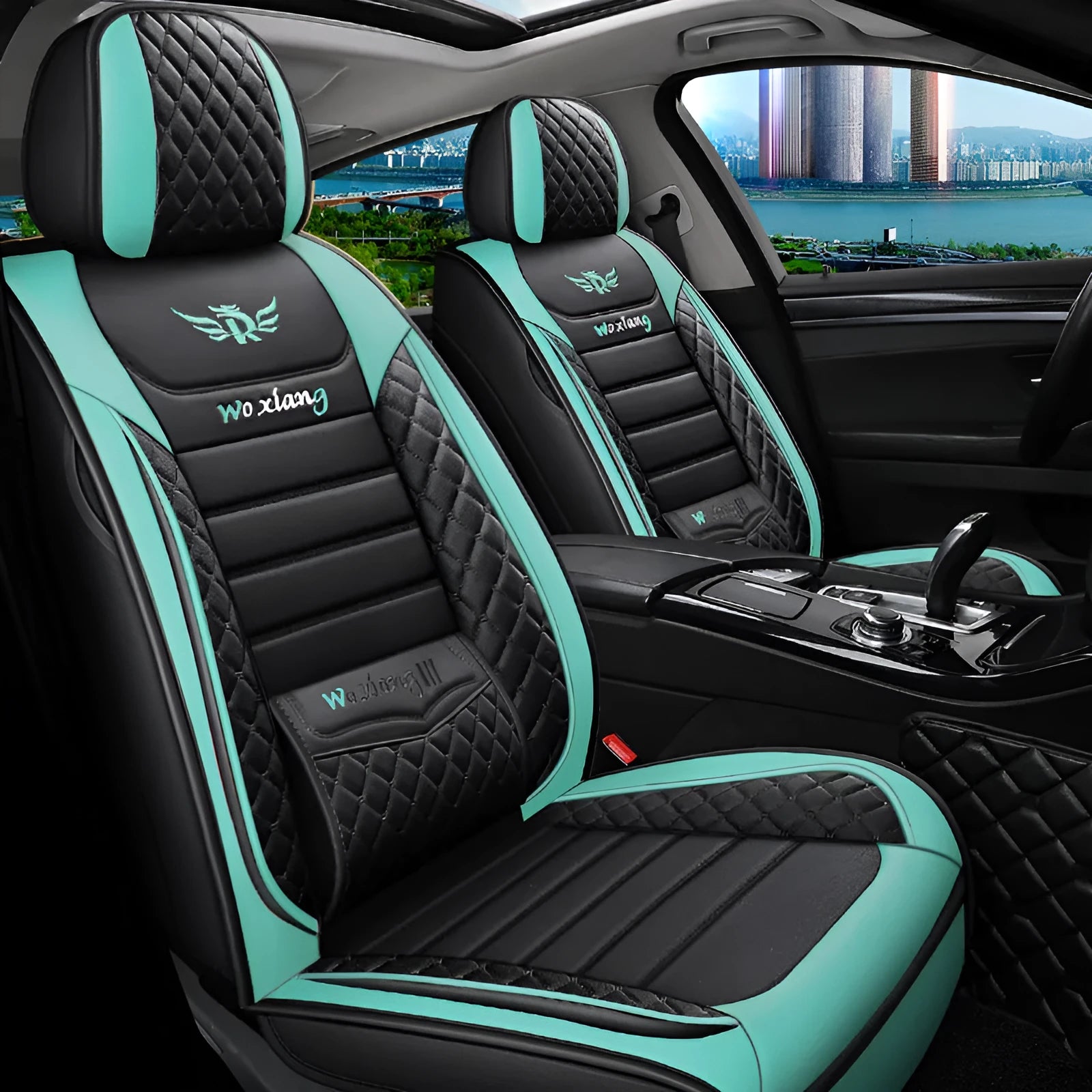 Leather car seat cushion with high elastic sponge filling in red, green, or brown colours.