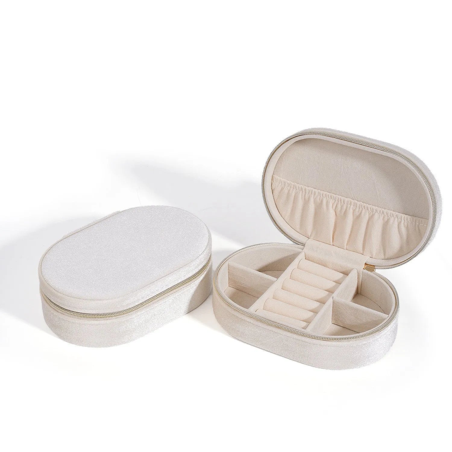 Oval velvet jewellery storage box in lake blue colour with flannel lining, shown with internal hook