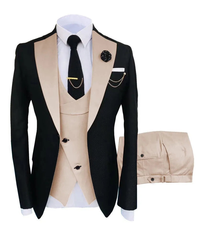 Men's slim fit cotton business suit set showing coat vest trousers