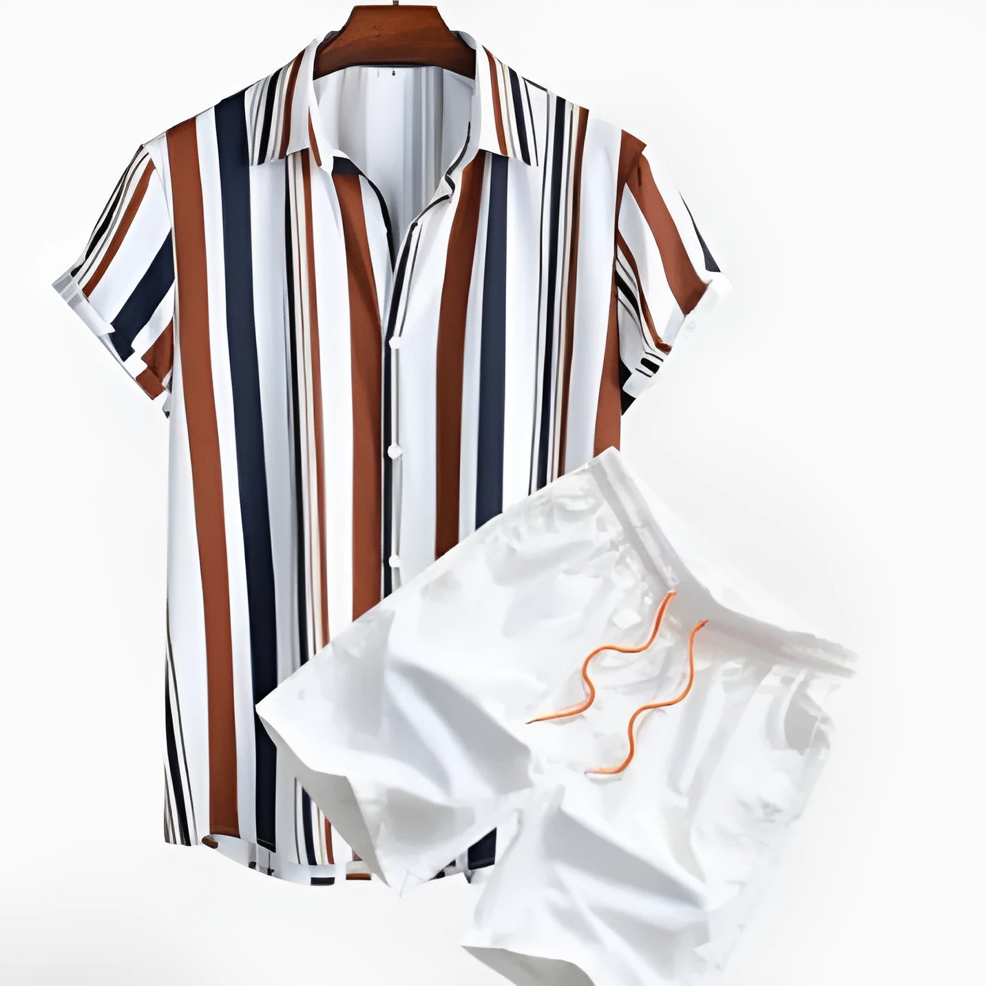 Men's digital print cardigan suit with short sleeve shirt and elastic shorts in polyester fabric