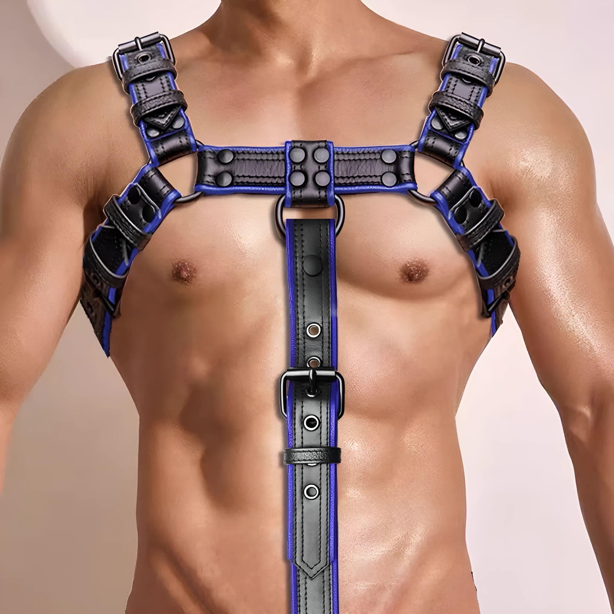 Blue and black adjustable leather shoulder strap with metal rivet buckle for party binding