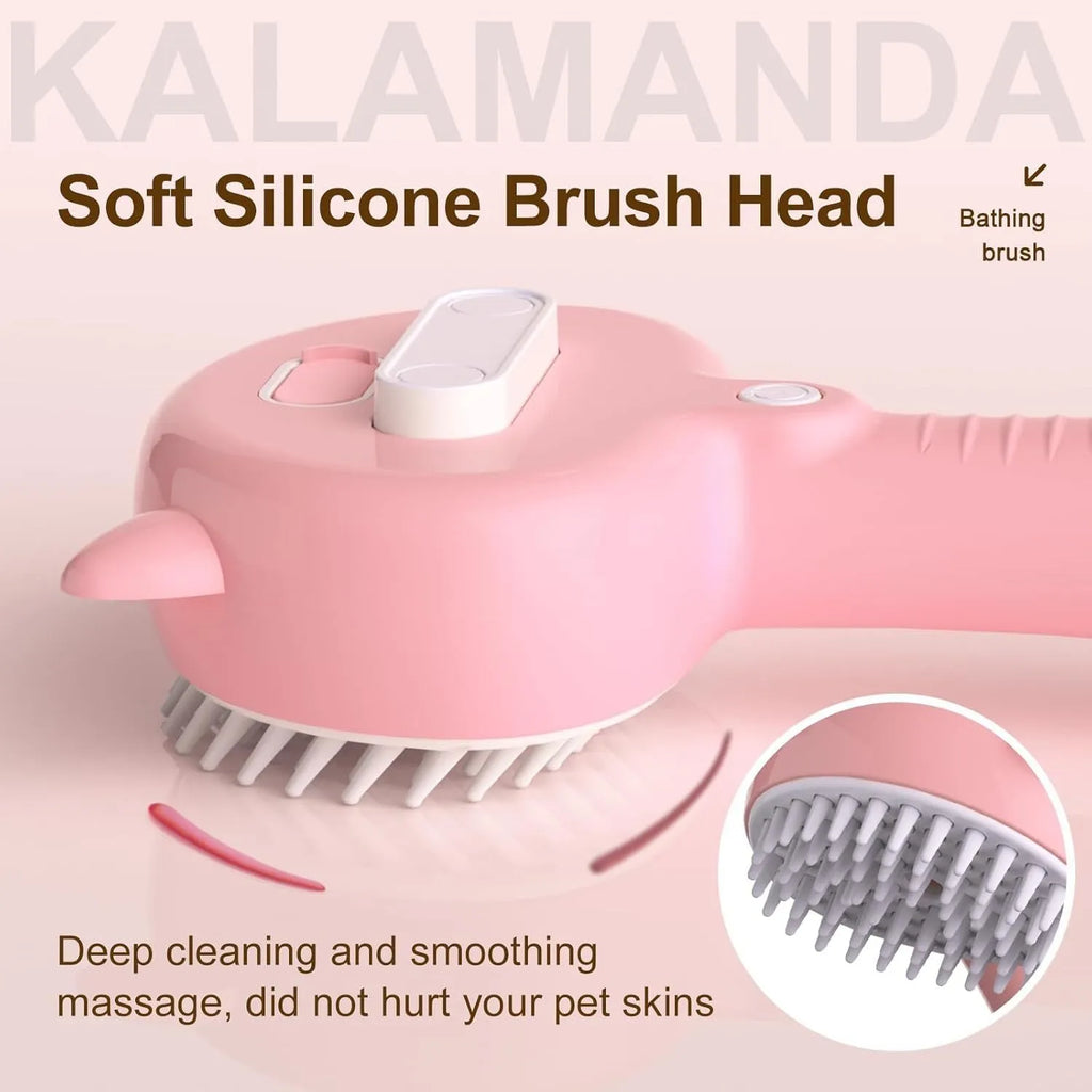 Blue 4-in-1 cat steam brush with ergonomic handle and soft rubber bristles for pet grooming