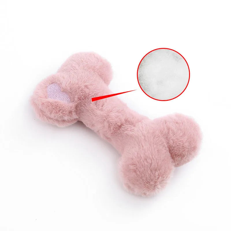 Cute love bone shaped plush dog toy with vocal squeaker in blue, pink, or yellow colours