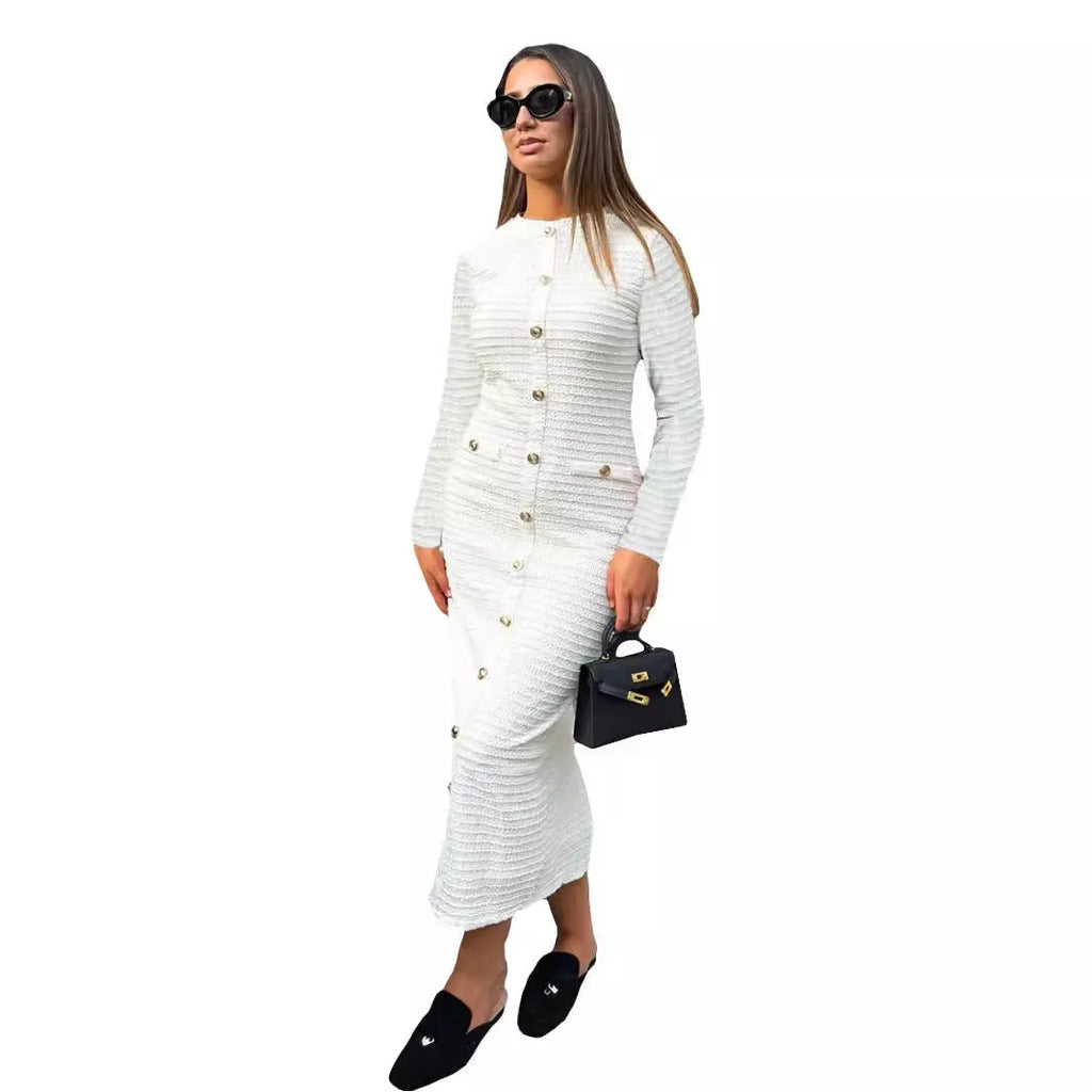 French retro slim fit knitted long-sleeved dress in black, featuring button front and mid waist.