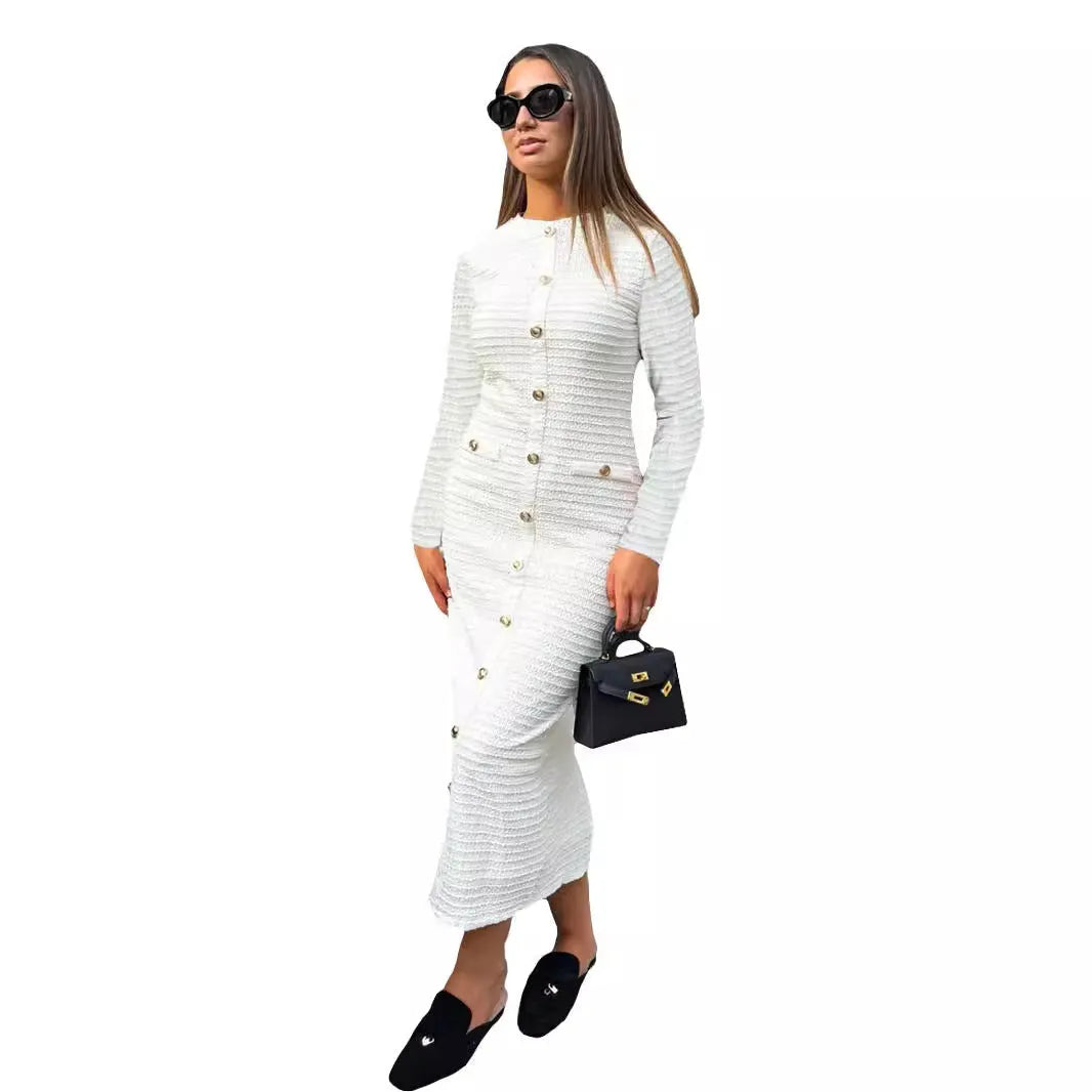French retro slim fit knitted long-sleeved dress in black, featuring button front and mid waist.