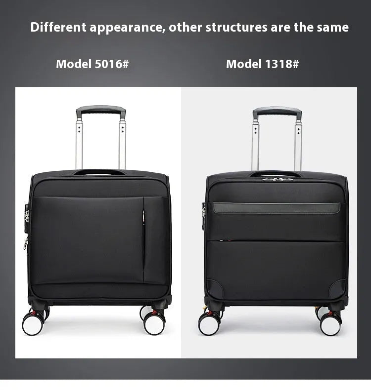 Black 18-inch Oxford cloth carry-on suitcase with wheels and pull handle for business travel.