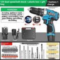12V dual speed pistol grip impact drill and electric screwdriver set in a plastic storage box.