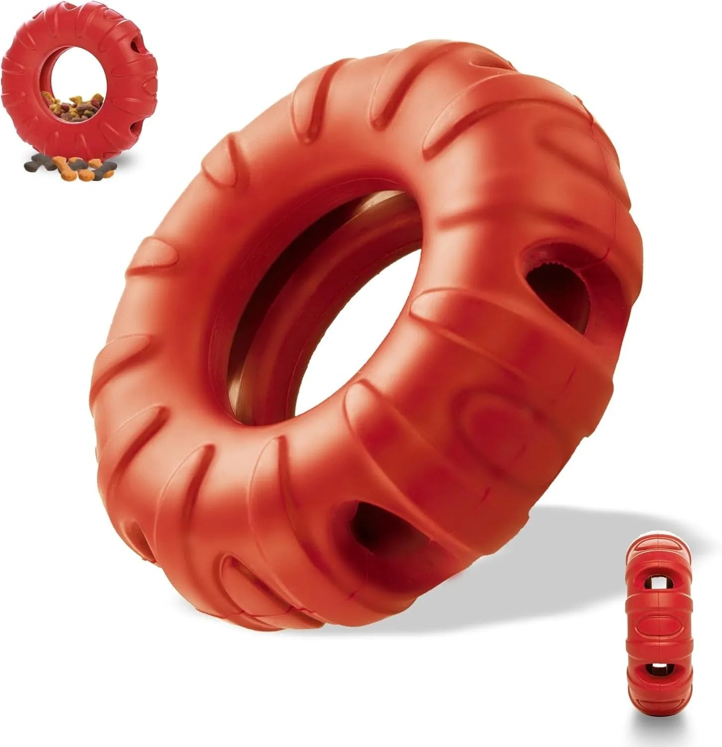 Blue, green, and red tyre-shaped dog chew toy with oval openings, a slow feeder and treat dispenser.