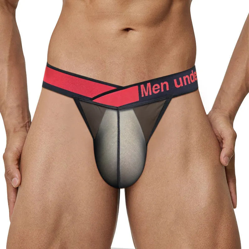 Men's transparent ice silk underwear with large V gradient front in red, black and white colours