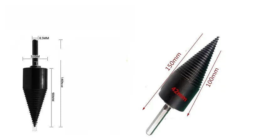 Hexagonal firewood-breaking drill bit for electric drills in 32mm and 42mm sizes for splitting logs.
