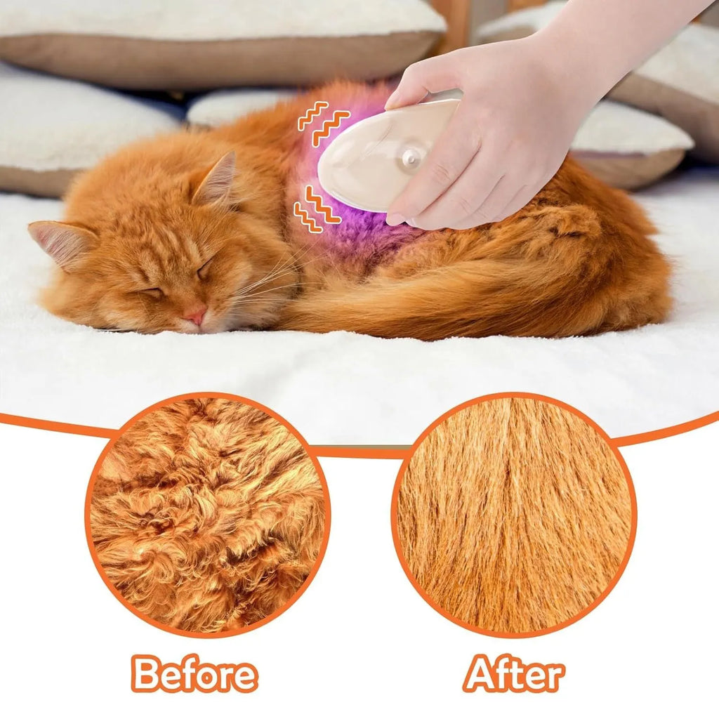 Yellow 4-in-1 cat steam brush with ringworm detector, vibration massage and USB charging