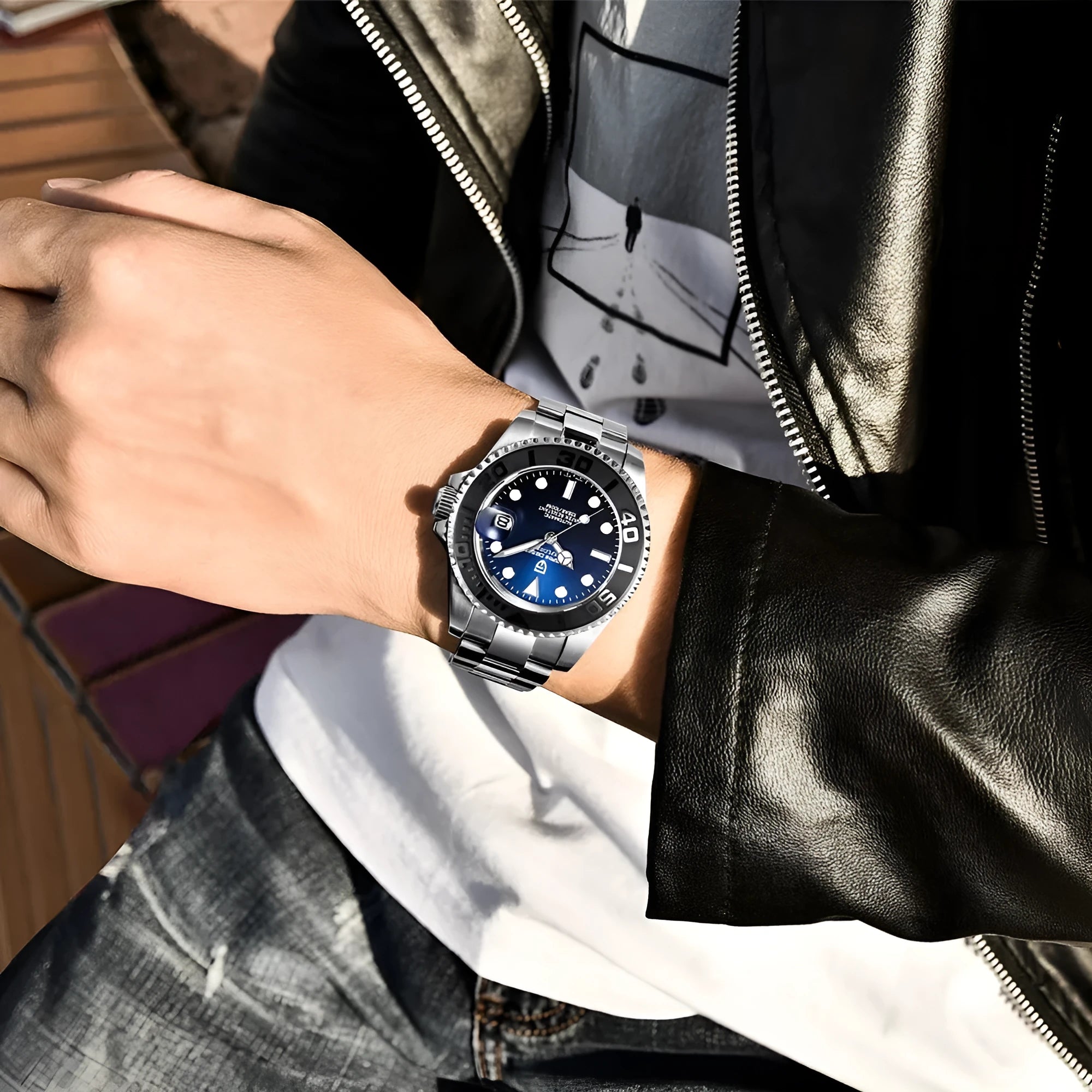 Men's automatic mechanical watch with stainless steel case, 40mm dial, luminous hands, and calendar window on a steel bracelet