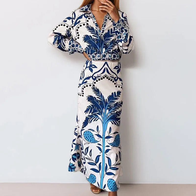 Women's picture colour polyester long-sleeve top and long skirt two-piece casual co-ord set