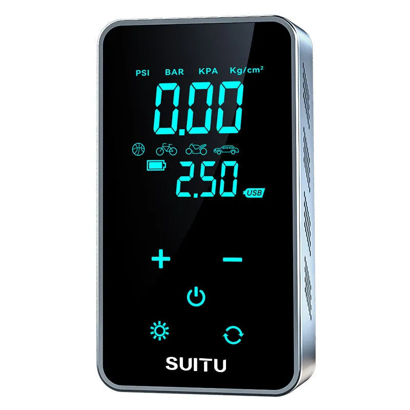 Compact black wireless car tyre pump with LCD screen displayed next to its hose, nozzles, and Type-C charging cable.