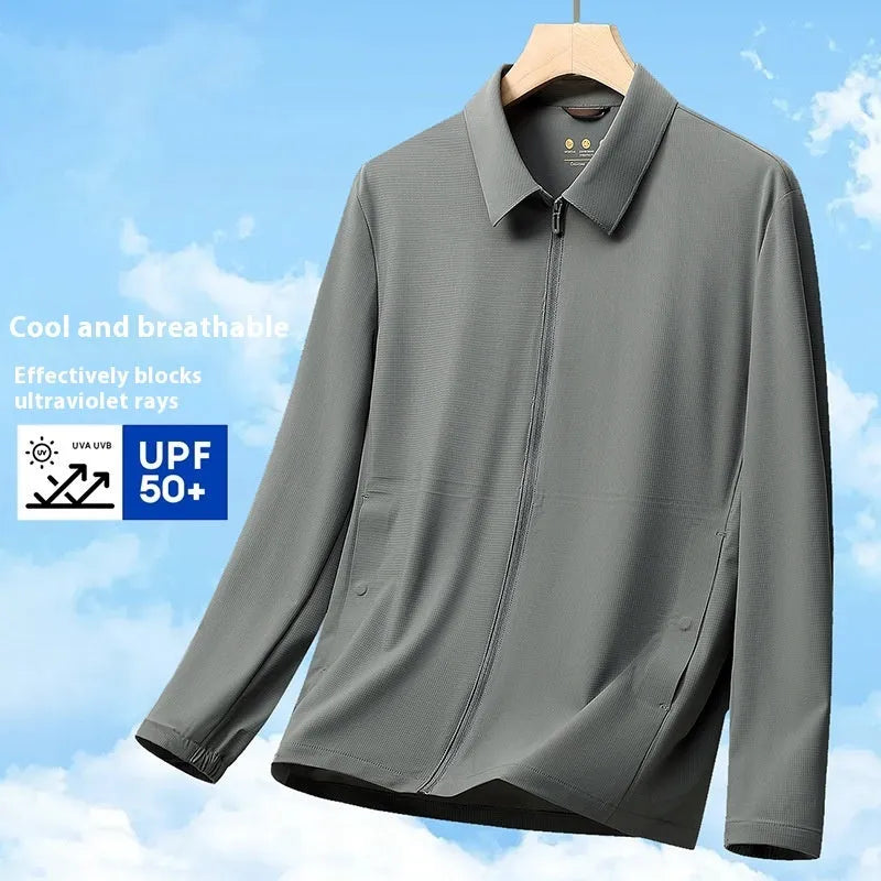 Lightweight navy blue summer business coat with SPF protection on a hanger, showing regular fit.