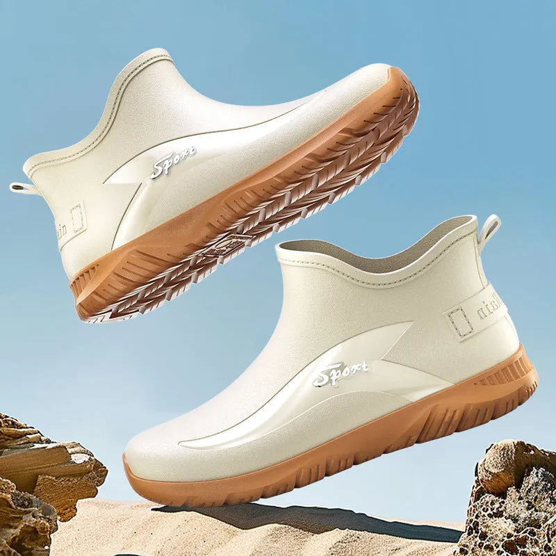 Men's short tube PVC rubber boots in beige, black, and black-red colours with non-slip sole