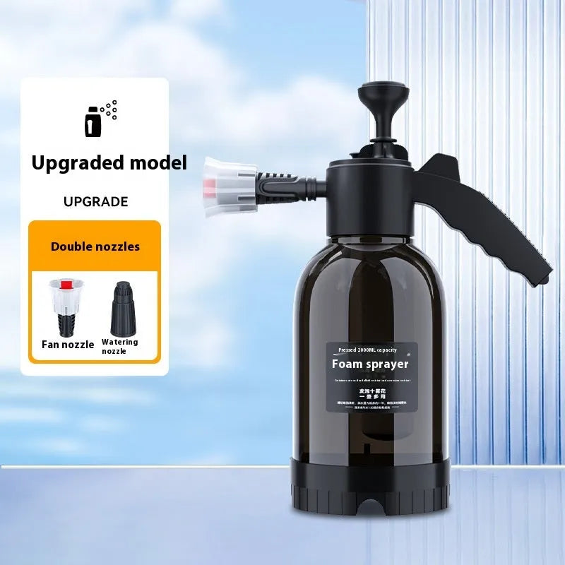 Black 2 litre hand-held foam sprayer watering can with ergonomic handle and dual nozzles
