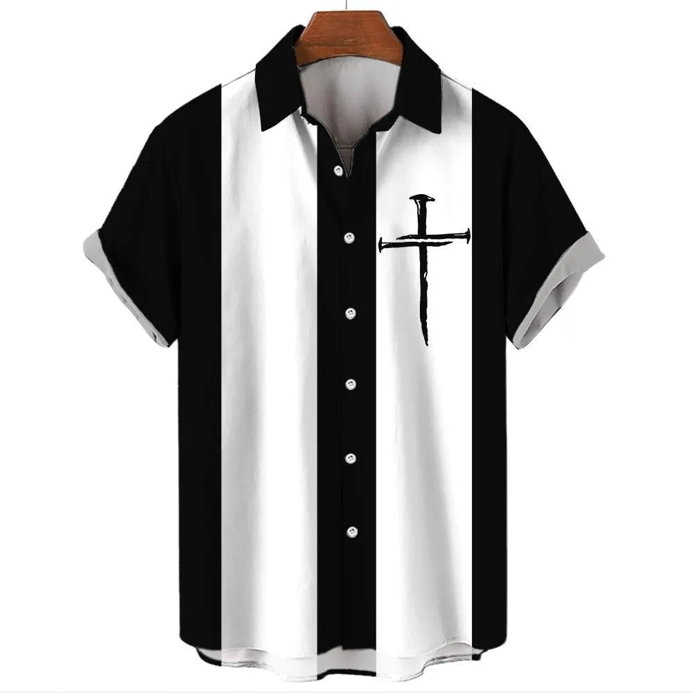 A man's striped Hawaiian short-sleeve shirt in polyester, shown in one of the available colours.
