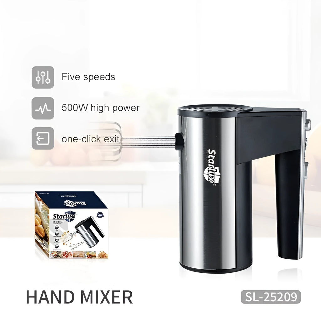 SL-25209 model handheld electric mixer with beaters attached, showing speed control dial