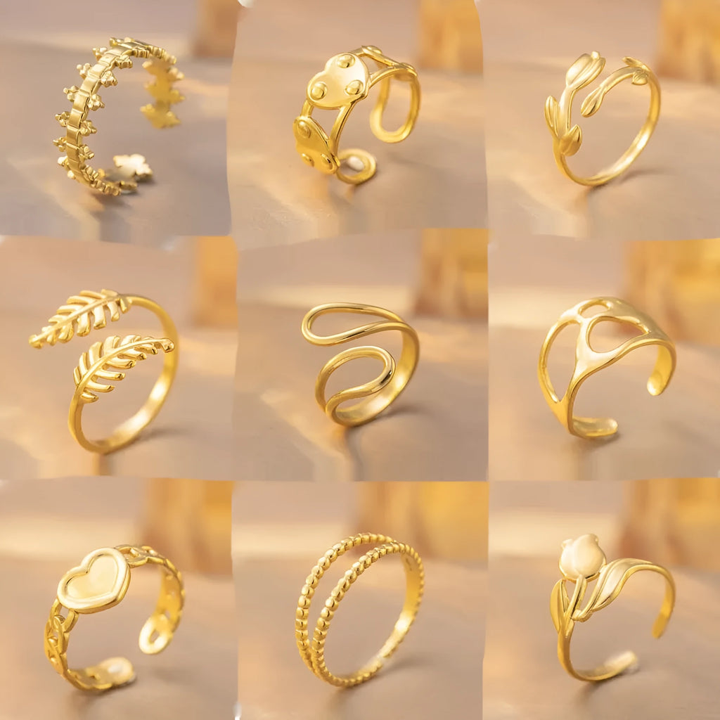 Open adjustable titanium steel ring with geometric shape in gold finish