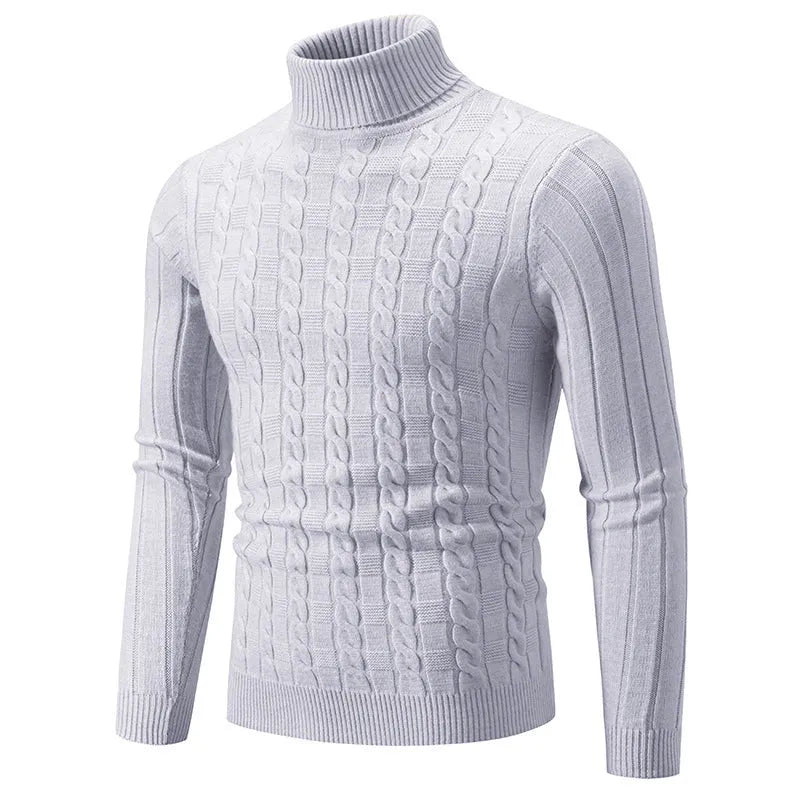 Men's slim fit twist turtleneck pullover in chenille fabric, shown in milky white colour
