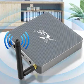 Android smart voice set-top box with remote control, HDMI cable, and dual band WiFi connectivity.