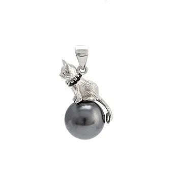 Sterling silver cat pendant necklace on a chain, showing elegant clavicle-length design.