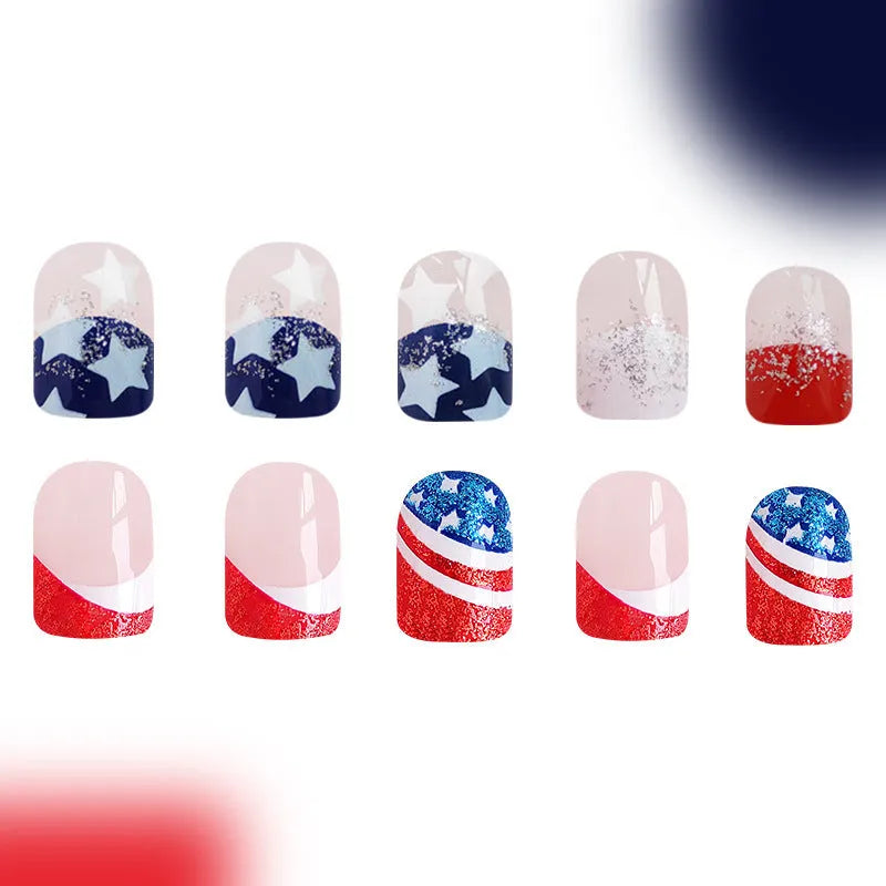 Independence Day wear nail set with five-pointed star designs in patriotic red, white, and blue colours