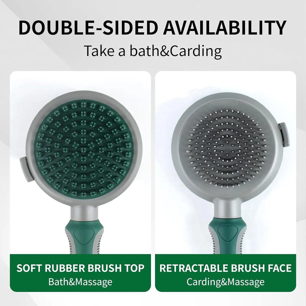 Green and pink dual-sided pet grooming brush with retractable slicker brush and silicone massager pins
