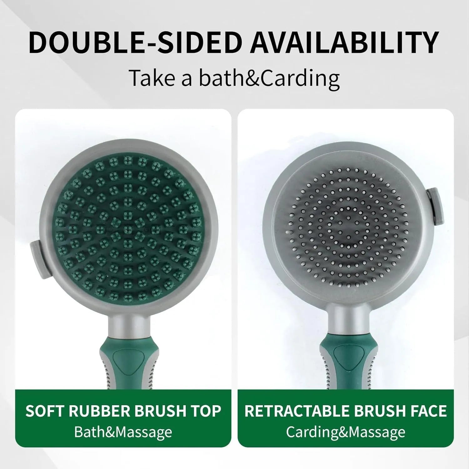 Green and pink dual-sided pet grooming brush with retractable slicker brush and silicone massager pins