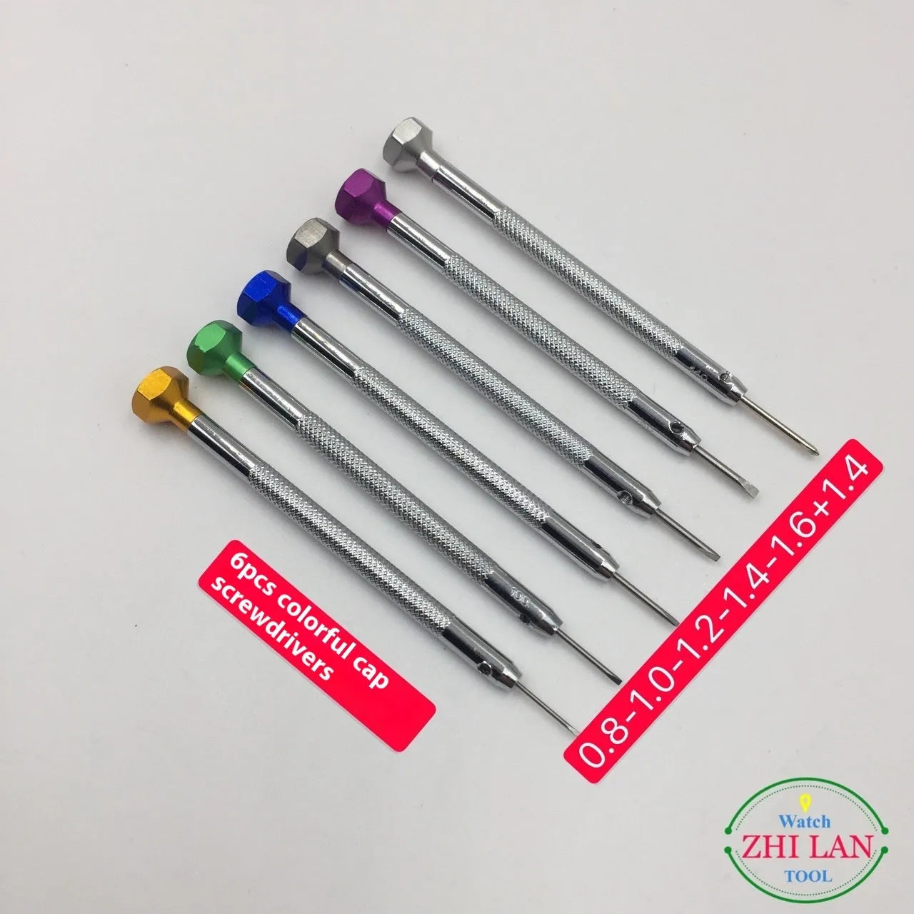 6 coloured aluminium-handled watch screwdrivers with spring steel cutter heads for children's watch repair