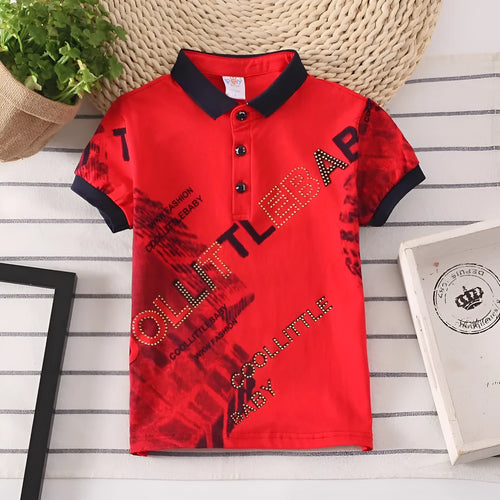 Solid colour short-sleeve cotton T-shirt for children with a lapel collar.