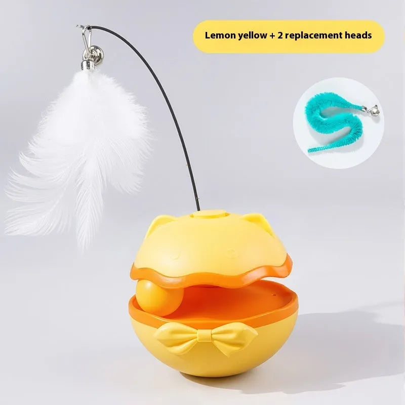Electric cat toy tumbler with self-hi teaser in lemon yellow, sky blue, or soft fog grey plastic