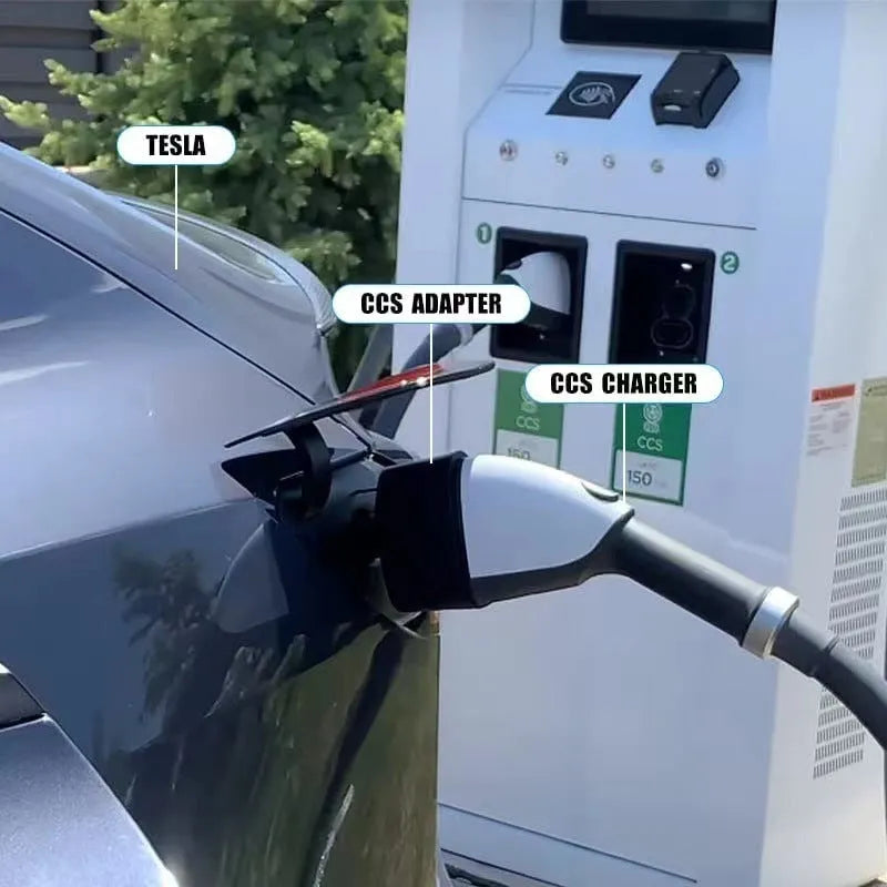 Black Tesla charging plug conversion adapter showing connection pins and dustproof housing
