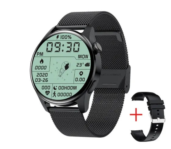 Round screen smartwatch with silicone strap showing heart rate and call functions on display.
