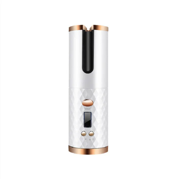 Portable USB charging curling iron with gold ceramic barrel in white, pink, or grey