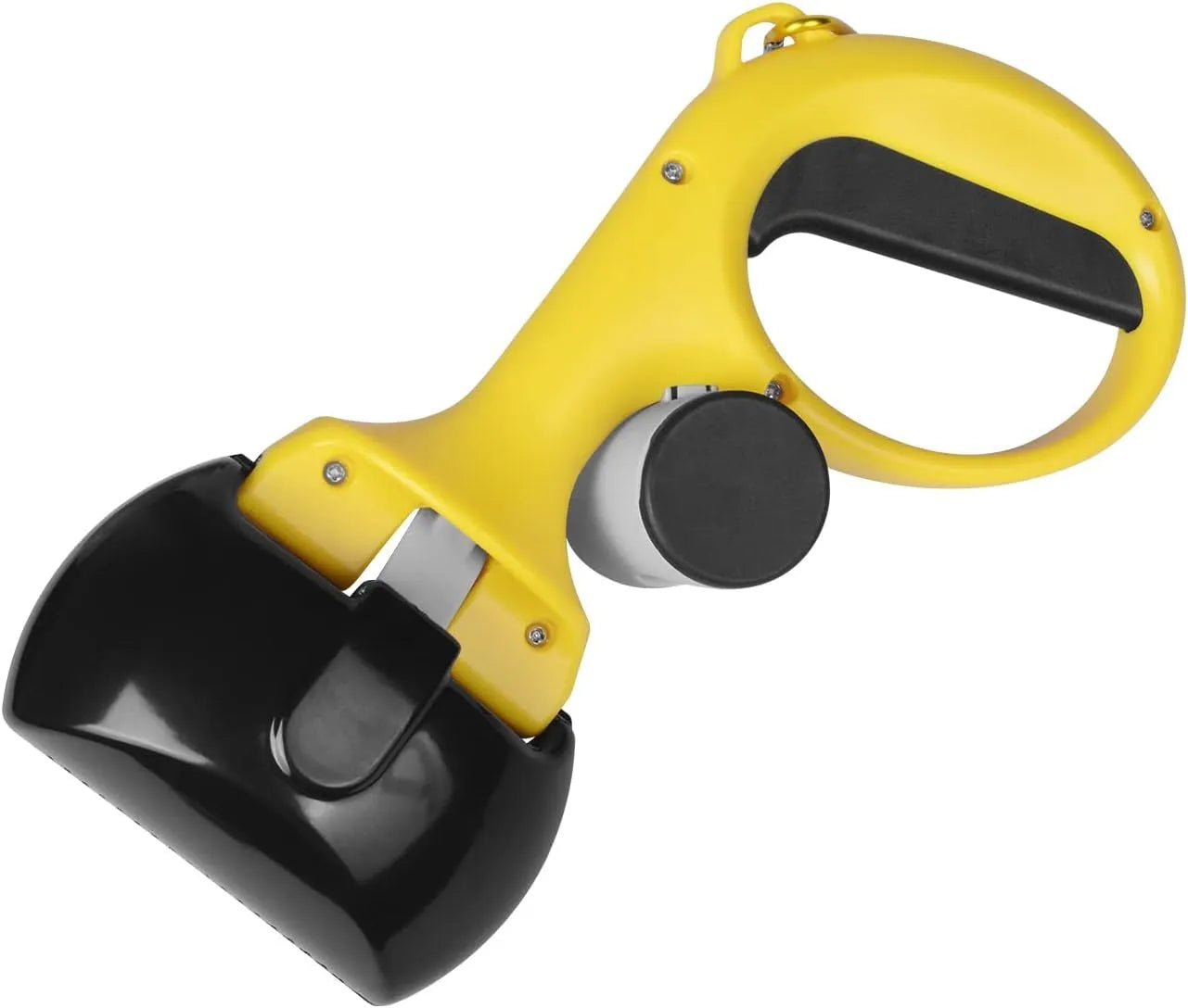 Heavy-duty ABS plastic pet pooper scooper with built-in trash bag holder and top carrying hook.