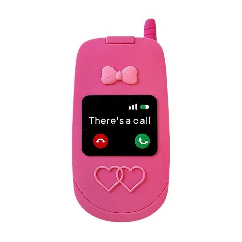 Pink silicone flip phone case open to show built-in mirror and iPhone compatibility.