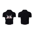Black men's slim fit printed short sleeve T-shirt with round neck on a man.
