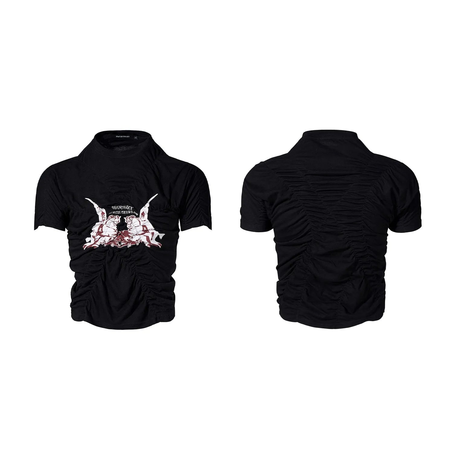 Black men's slim fit printed short sleeve T-shirt with round neck on a man.