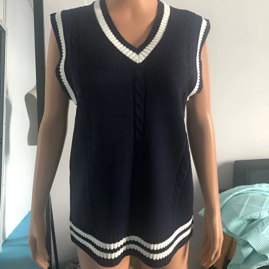 Women's slim fit V-neck acrylic waistcoat sweater with striped stitching in wine red.
