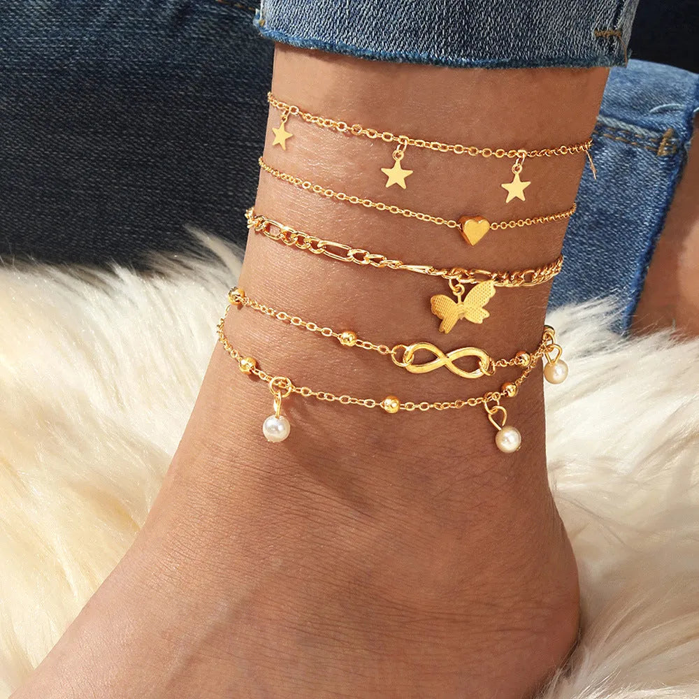 Butterfly love anklet set of 4 pieces with pearl and heart charms on alloy chains