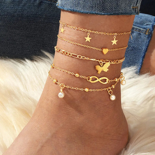 Butterfly love anklet set of 4 pieces with pearl and heart charms on alloy chains