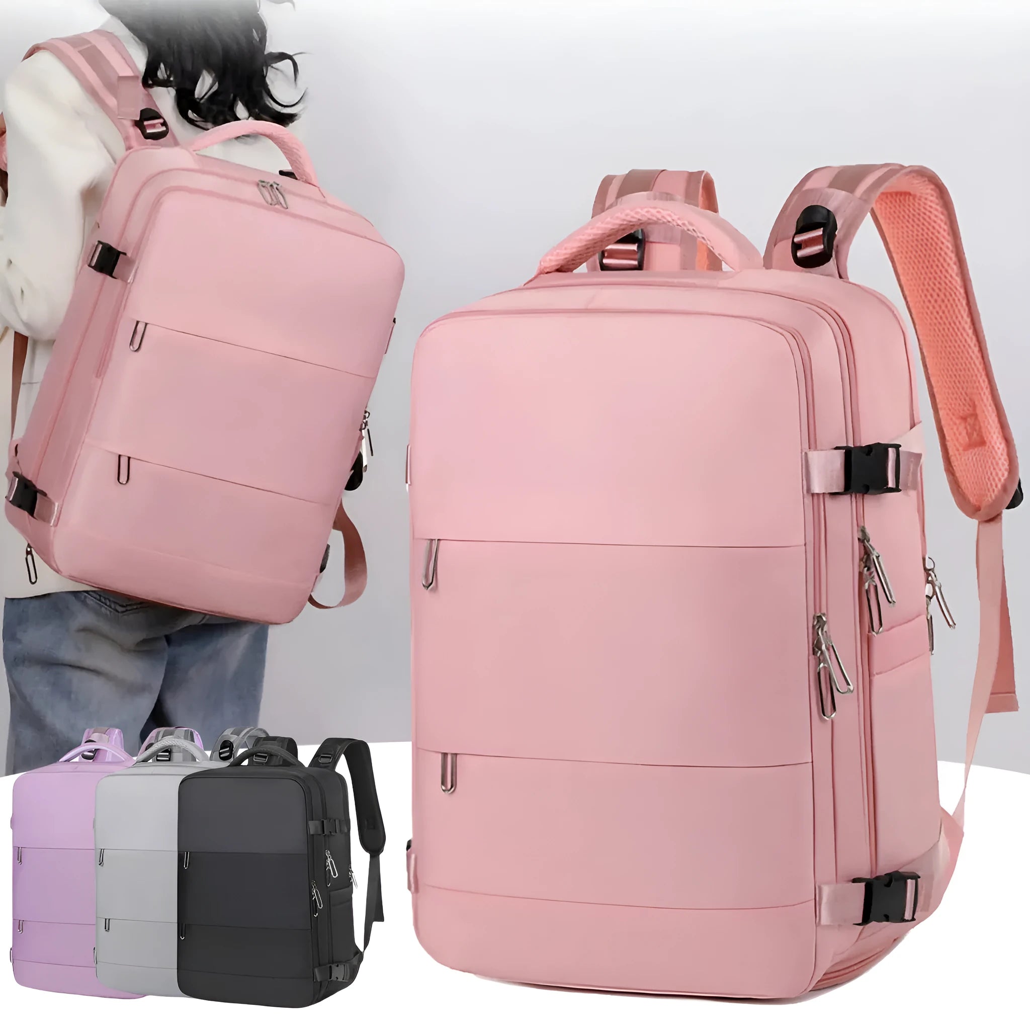 Women's large-capacity travel backpack in purple with organisational compartments and waterproof Oxford cloth construction