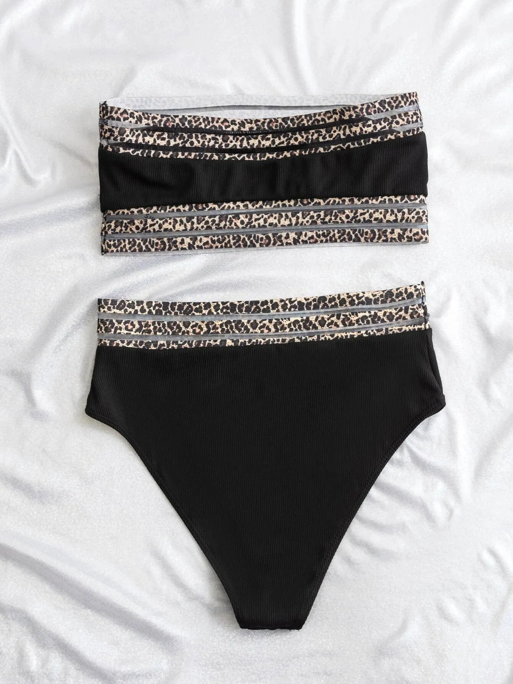 Black strapless leopard print split swimsuit bikini set with briefs