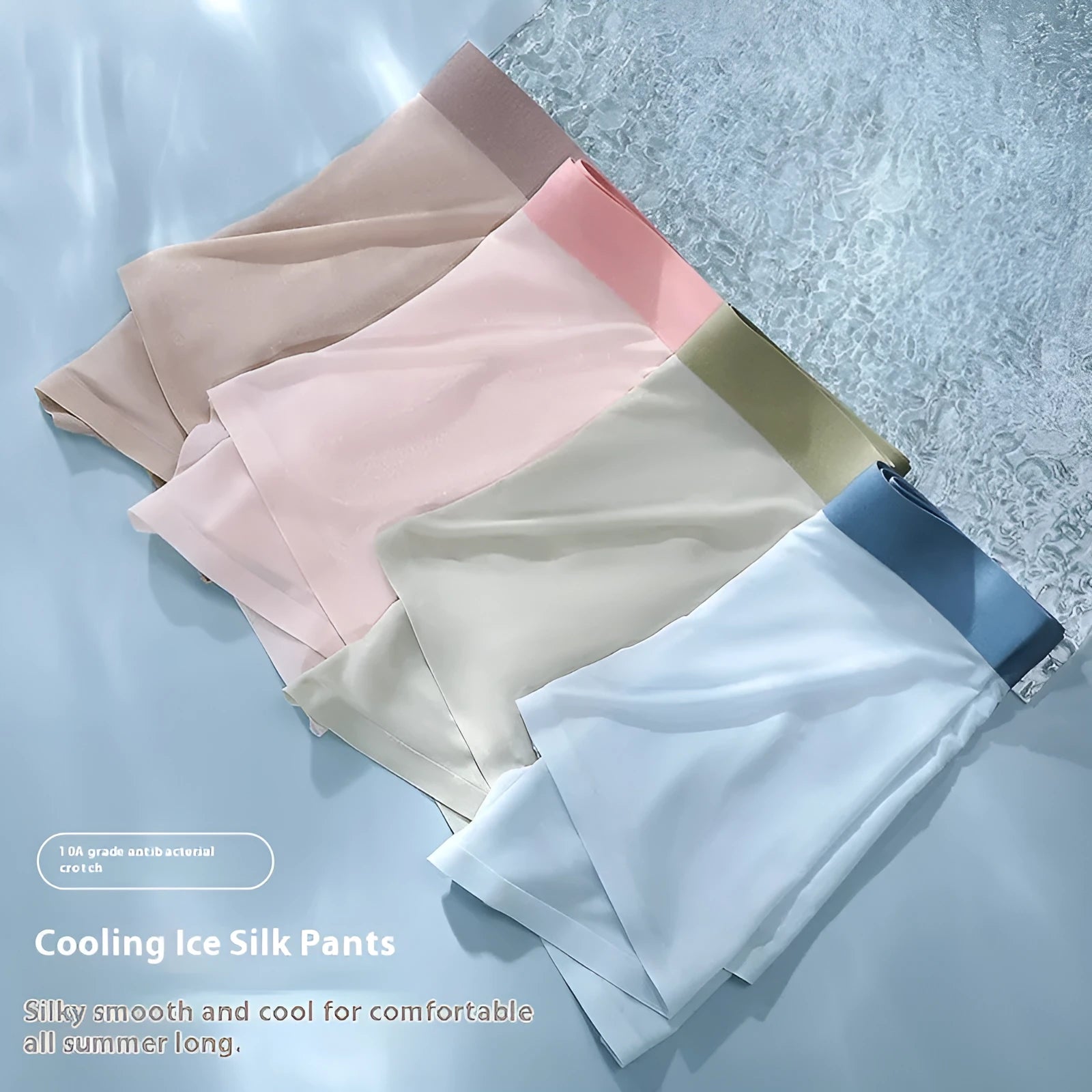 Men's ice silk graphene antibacterial shorts in light blue shown flat, highlighting seamless knit and mid-waist design.